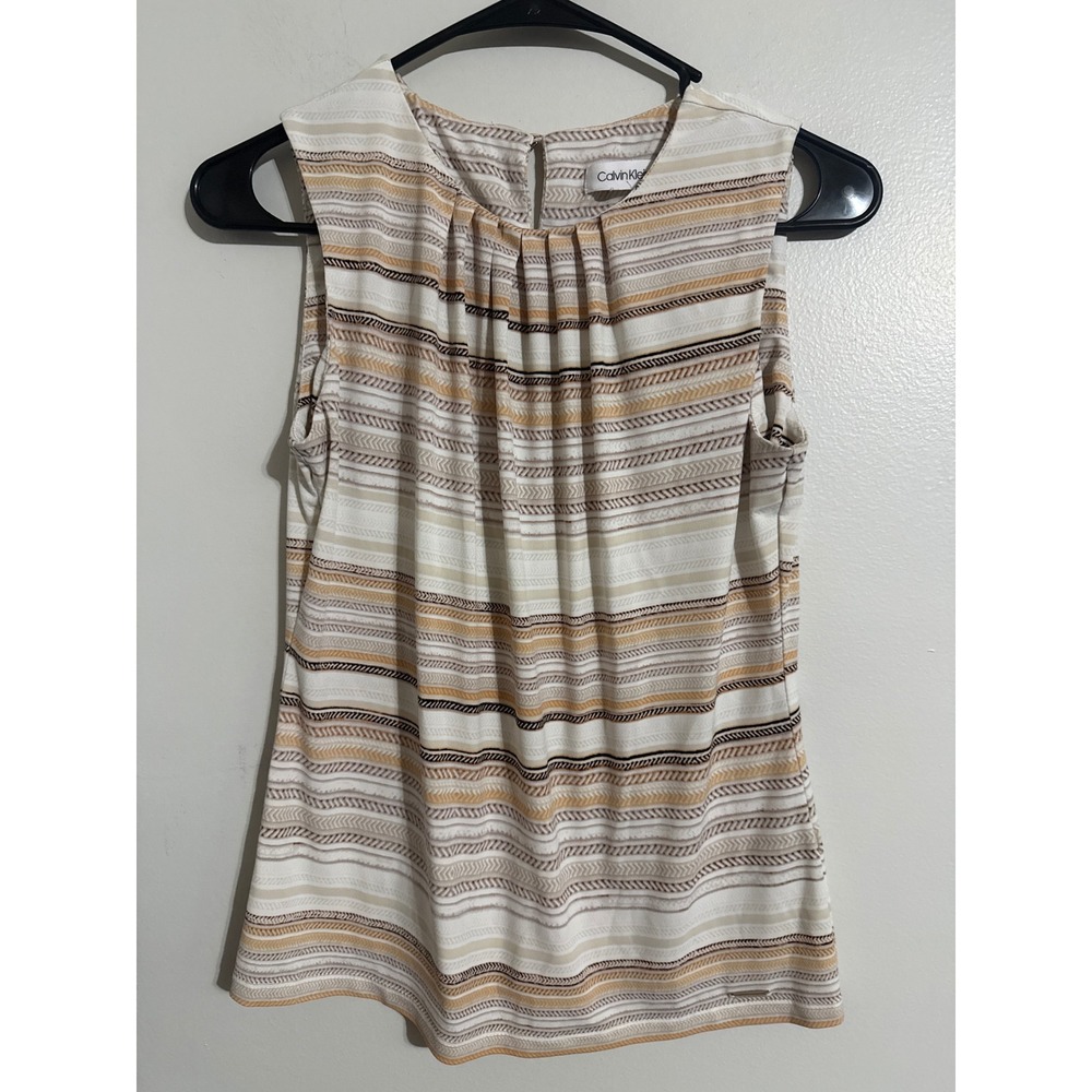 Calvin Klein Womens Sleeveless Pleated Neck Striped Shell Blouse Tan Cream